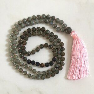 LABRADORITE AND BLACK LAVA MALA SEMI-PRECIOUS STONES WITH A PINK TASSEL